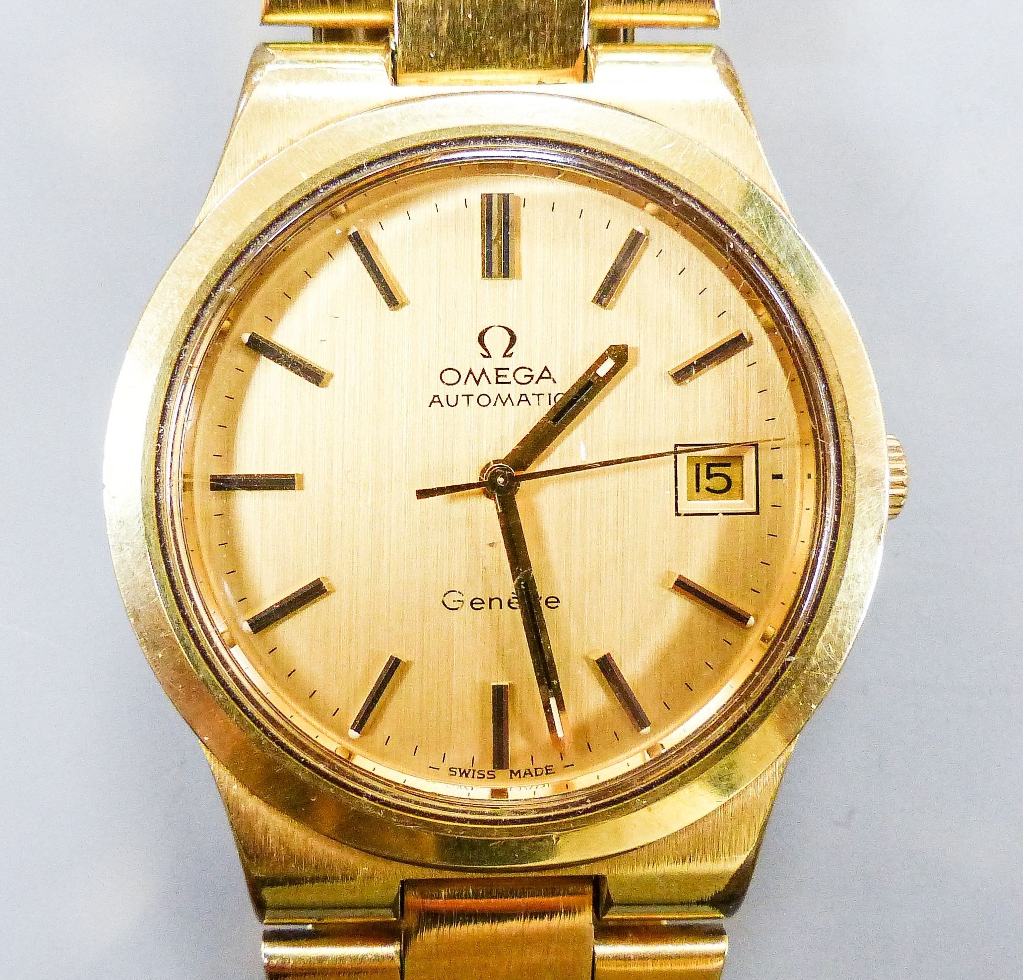 A gentleman's gold plated Omega automatic wristwatch, with date aperture, on a gold plated Omega bracelet, case diameter 37mm.